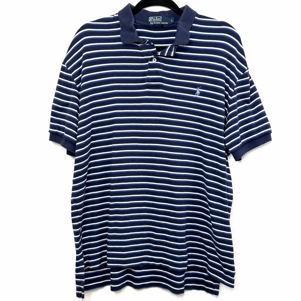 Polo Ralph Lauren Navy Blue Striped Polo Shirt‎ Men's Large Classic Fit